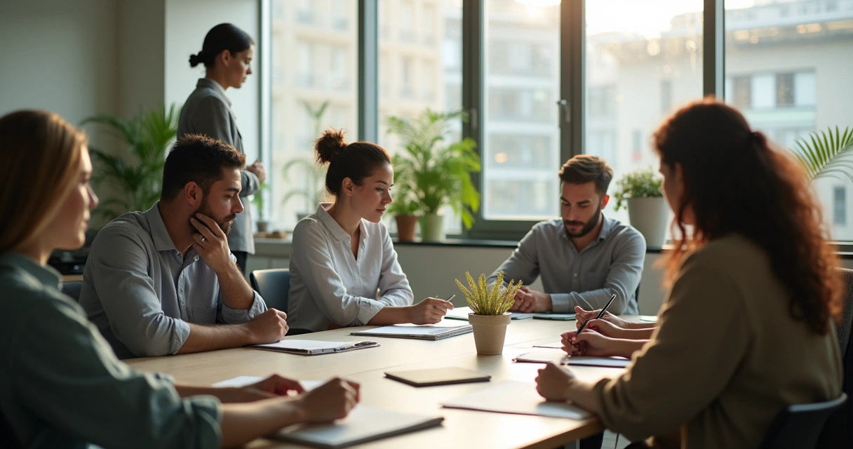 Profissionais em pausa silenciosa durante encontro de trabalho