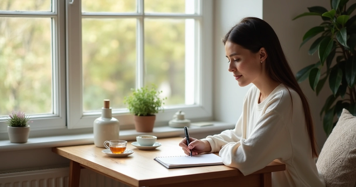 Pessoa escrevendo em caderno durante pausa consciente
