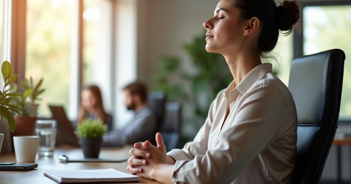 Pessoa em pausa respirando com calma em ambiente de trabalho organizado