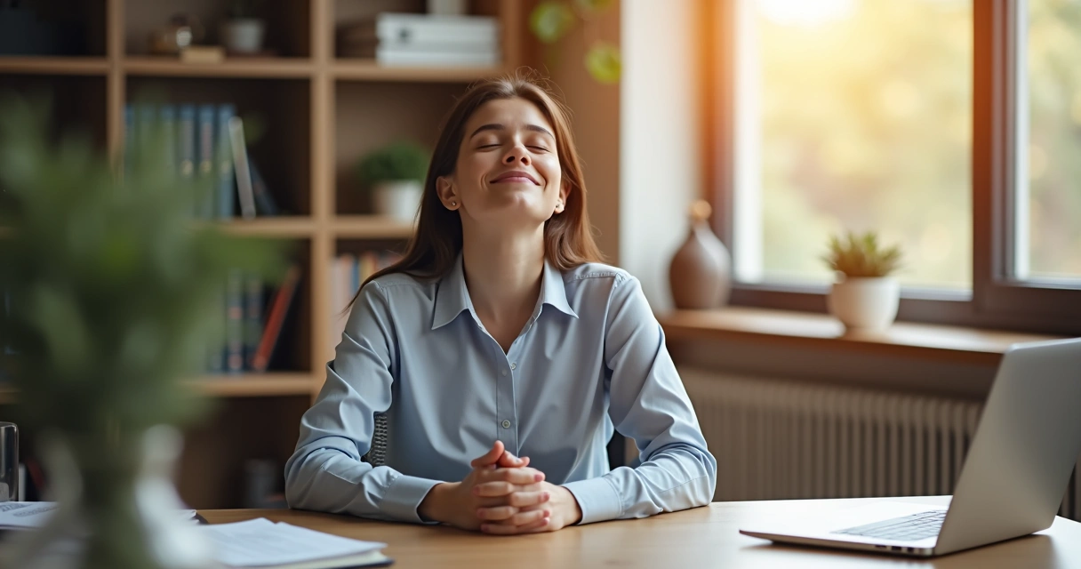 Pessoa em uma mesa de escritório com olhos fechados, respirando fundo 