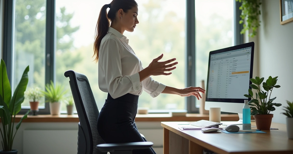 Profissional fazendo pausa breve e alongamento ao lado da mesa no escritório