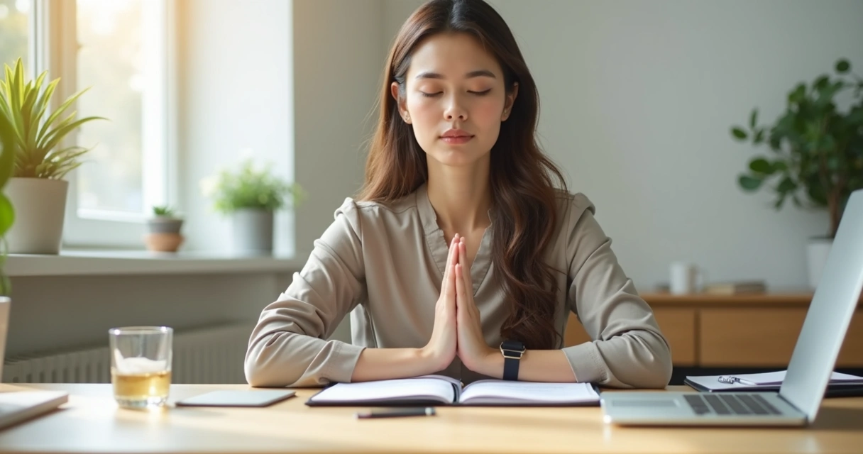 Profissional fazendo pausa consciente no escritório 