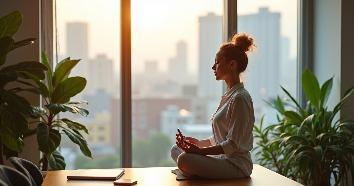 Profissional fazendo pausa consciente perto de janela com plantas