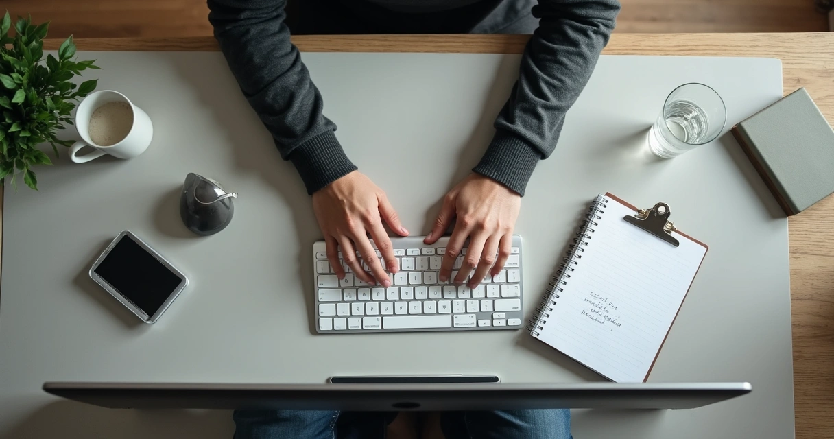 Escritorio de oficina con manos en pausa de respiración consciente 