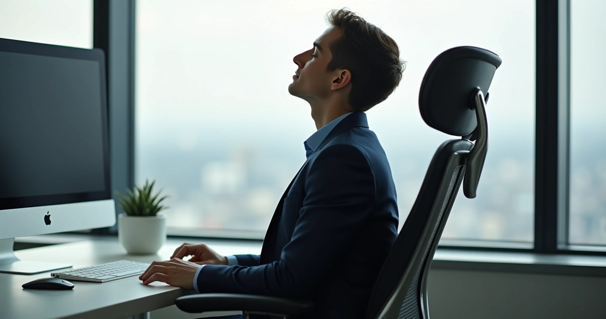 Profissional sentado em cadeira de escritório com olhos fechados e postura relaxada 