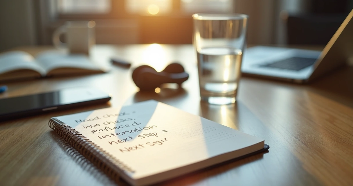 Mesa de trabalho com caderno de pausa consciente 
