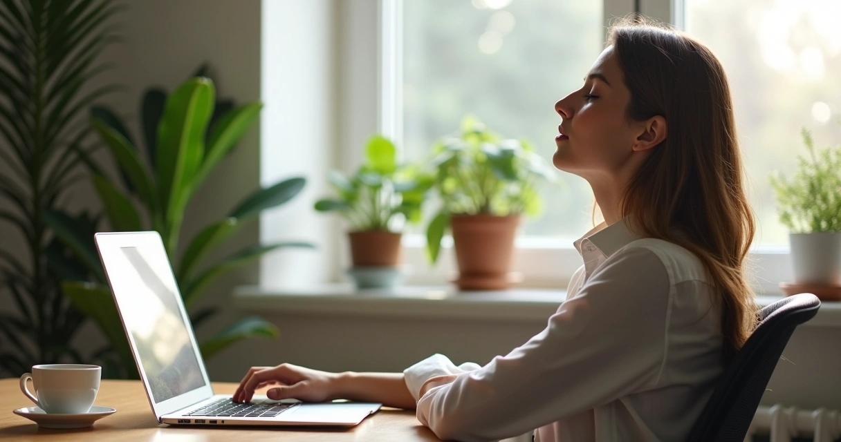 Pessoa fazendo pausa consciente em escritório silencioso