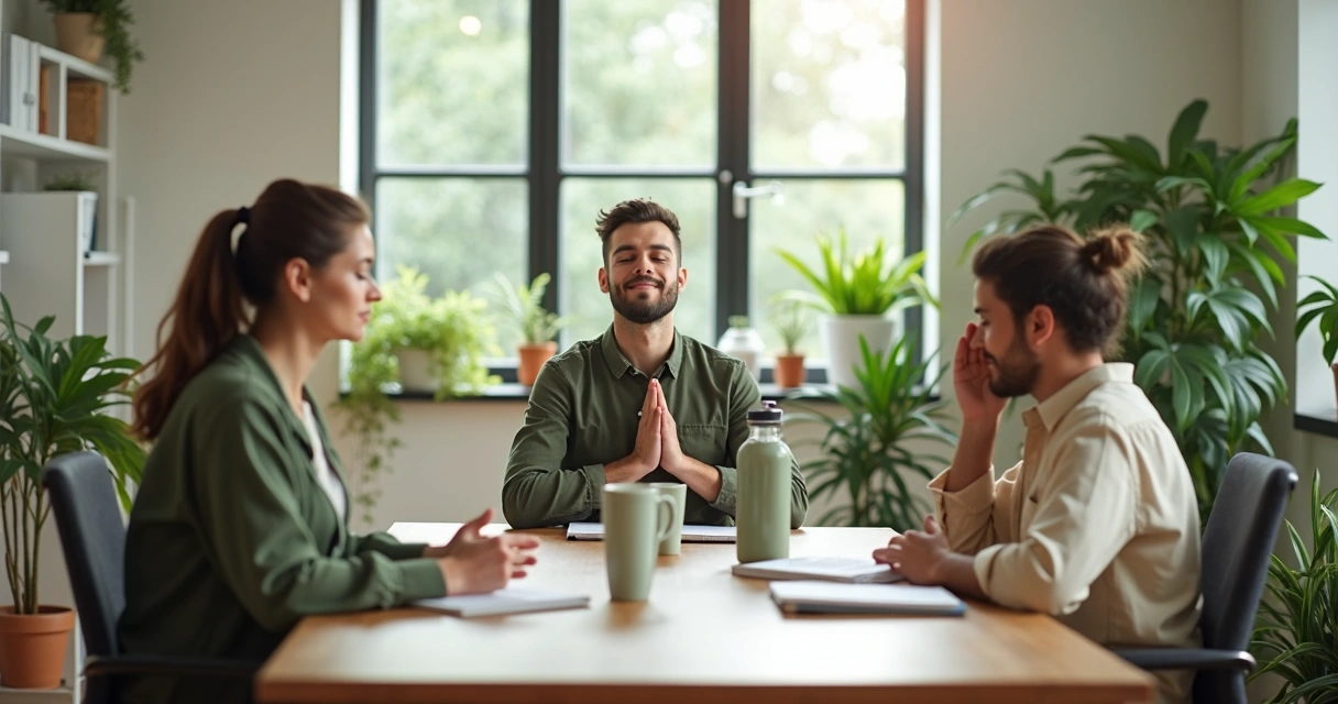 Equipe em pausa breve em ambiente de escritório com luz natural 