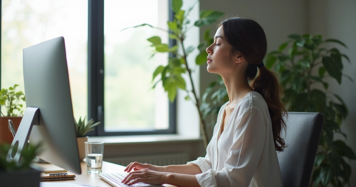 Profissional fazendo pausa consciente na mesa de trabalho 