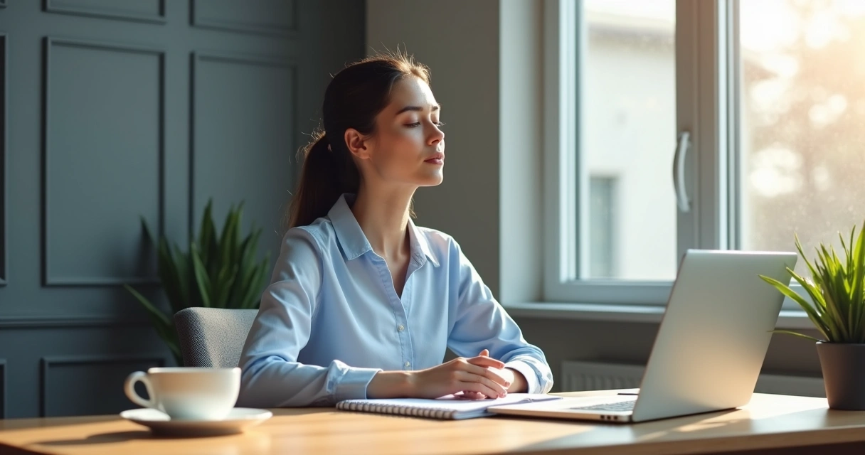 Profissional fazendo pausa consciente na mesa de trabalho