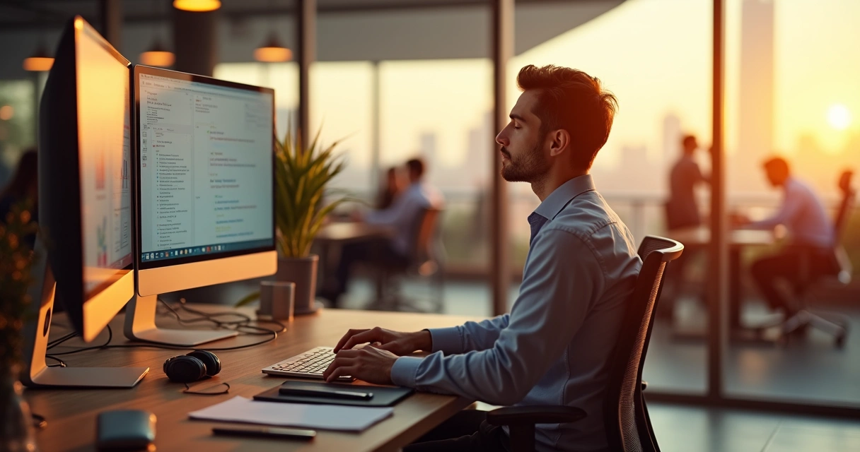 Profissional em mesa de trabalho intensa fazendo pausa consciente junto à janela 
