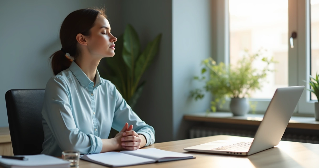 Profissional em pausa consciente na mesa de trabalho