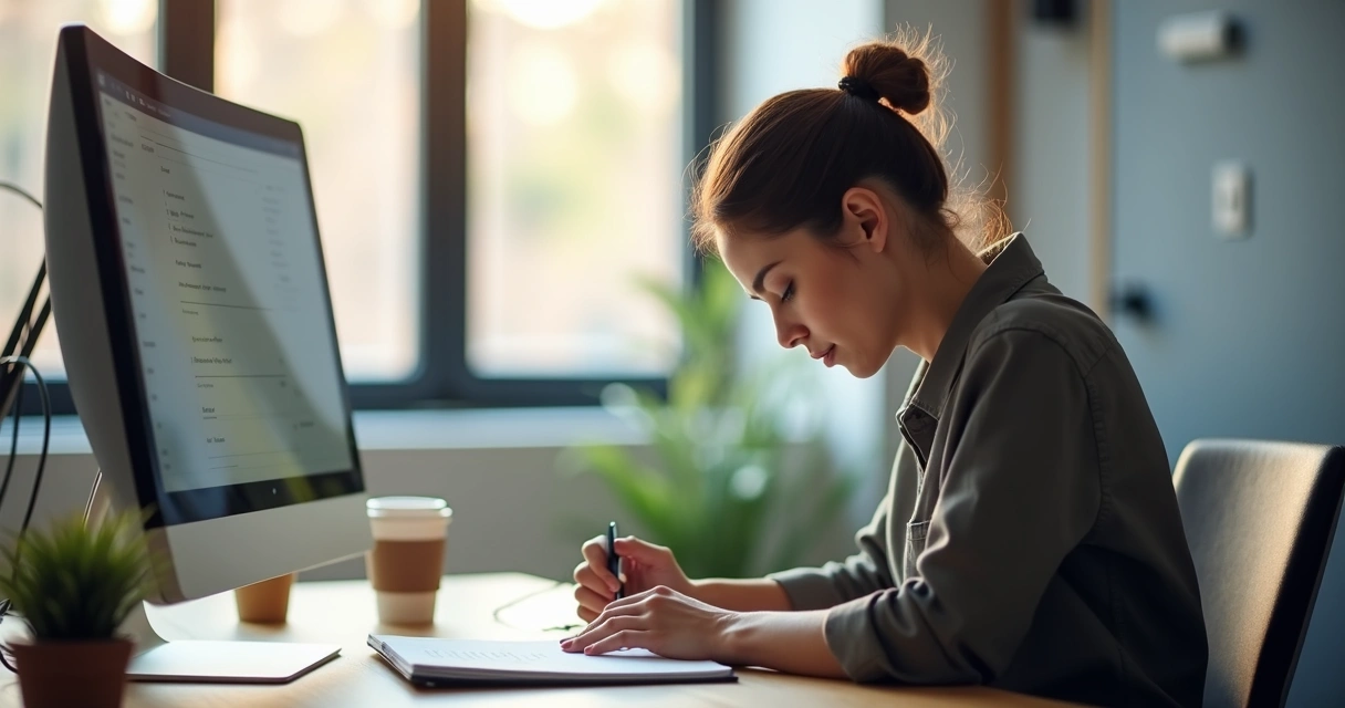 Líder fazendo pausa consciente à mesa de trabalho no escritório