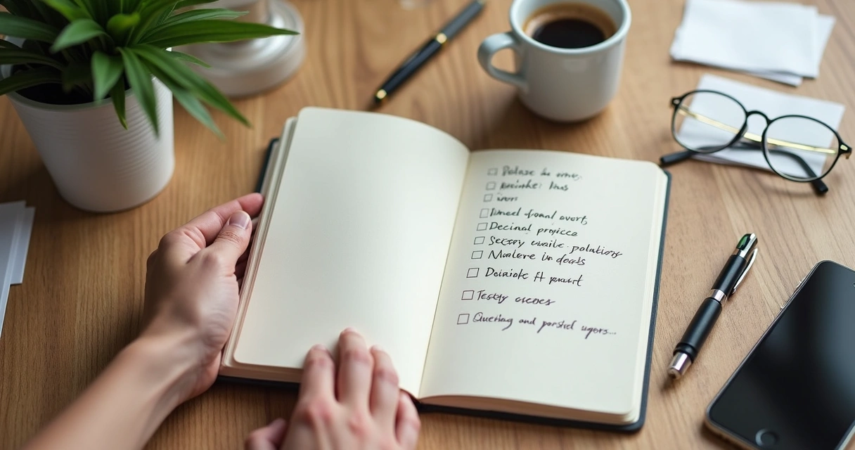 Caderno aberto com lista de prioridades ao lado de xícara de café 