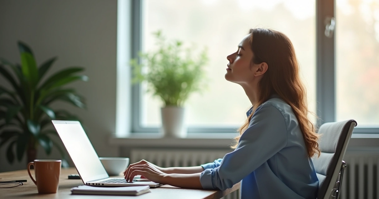 Profissional fazendo pausa consciente na mesa de trabalho