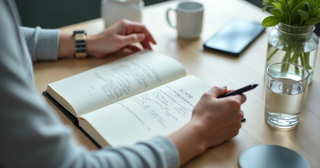 Persona haciendo una pausa consciente en un escritorio con libreta 