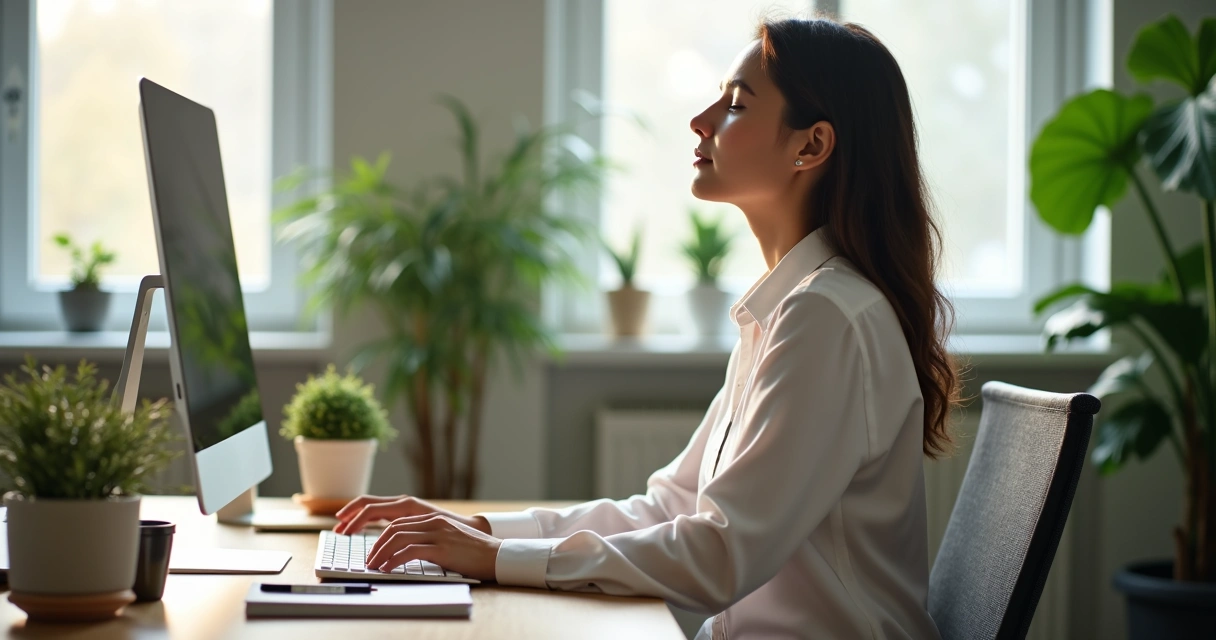 Profissional fazendo pausa consciente na mesa de trabalho