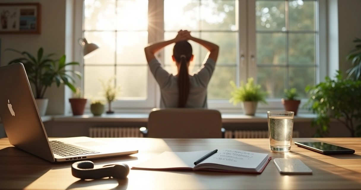 Escritorio con portátil, vaso de agua y persona estirando hombros en pausa breve 