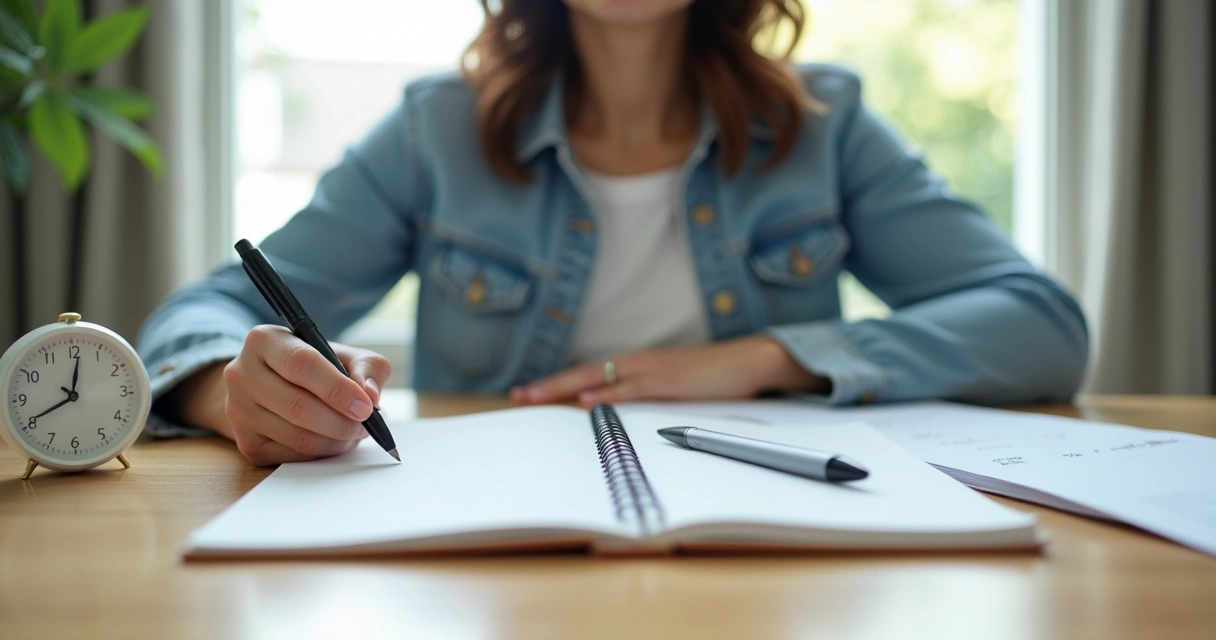 Escritorio con cuaderno abierto, reloj y persona haciendo una pausa consciente