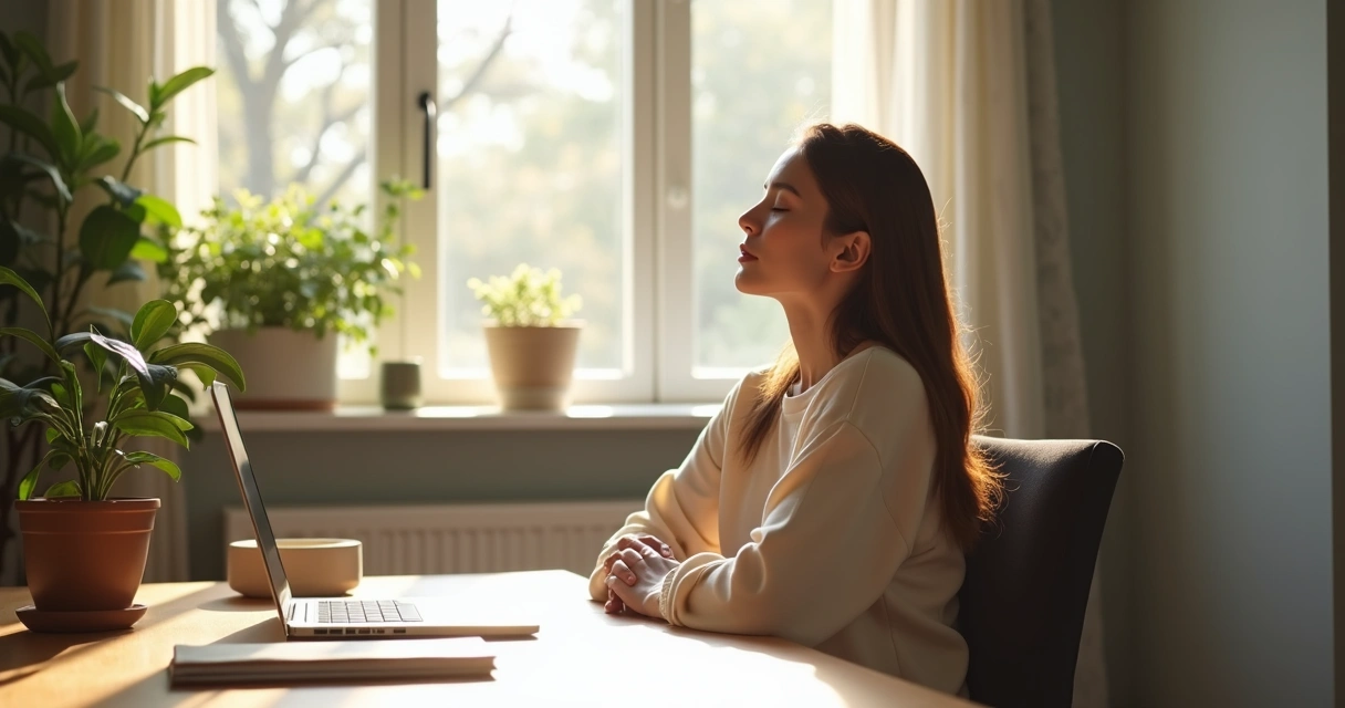 Pessoa sentada à mesa do escritório fazendo uma pausa consciente durante o trabalho remoto. 