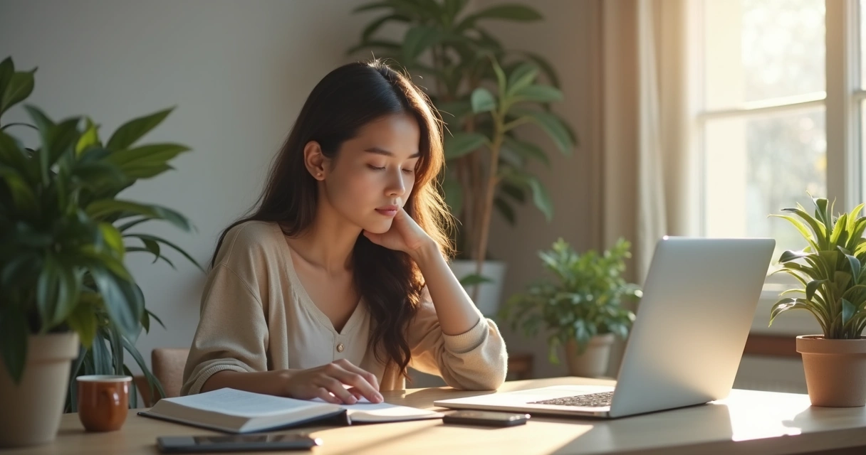 Persona haciendo una pausa consciente frente al escritorio