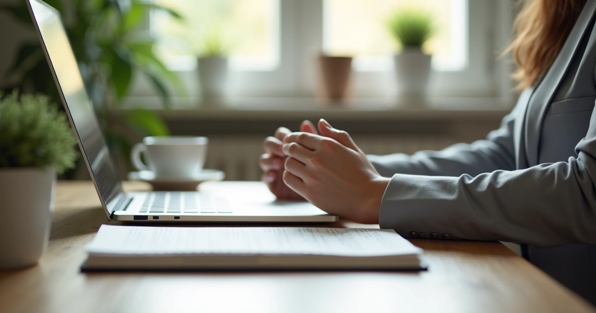 Profissional fazendo pausa consciente na mesa do escritório