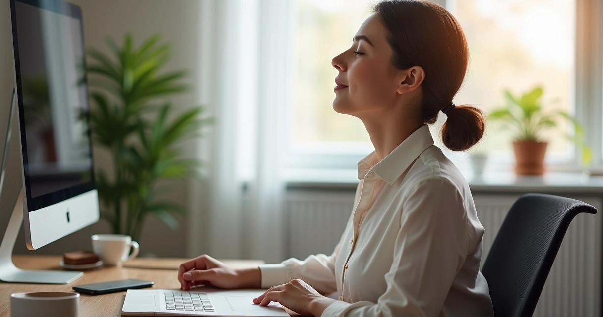 Profissional em pausa consciente na mesa de trabalho