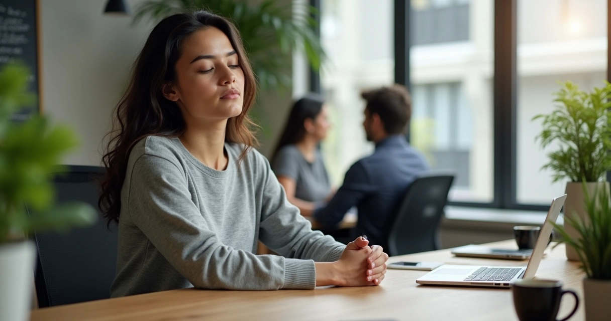 Pessoa fazendo pausa consciente em mesa de escritório 