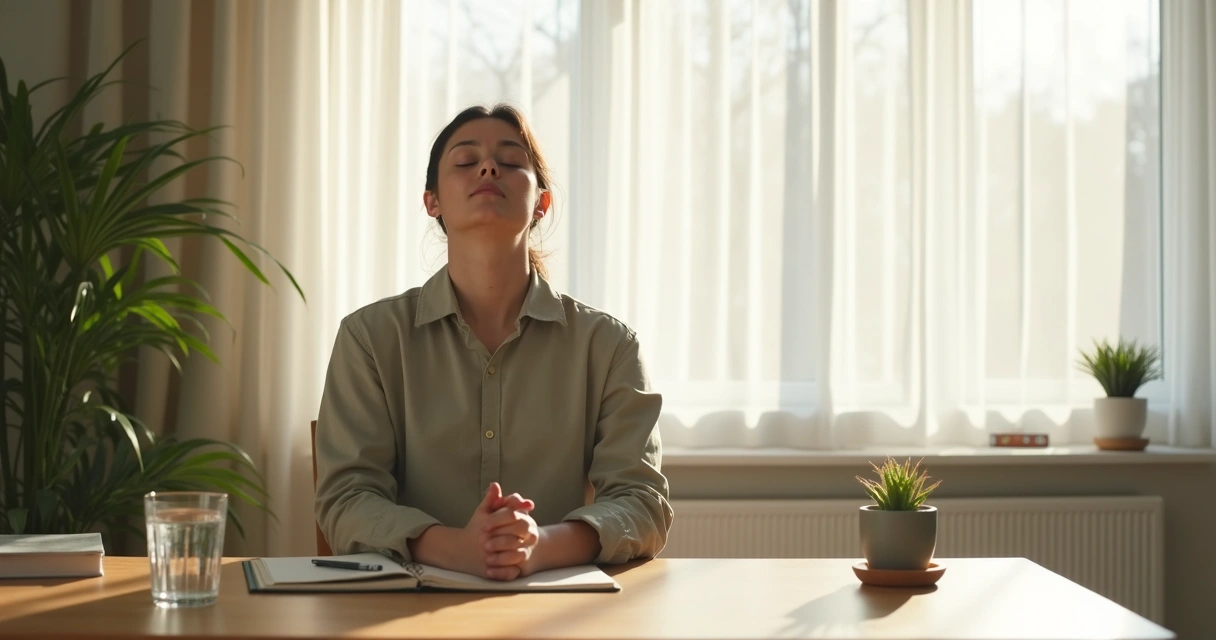 Pessoa fazendo pausa consciente à mesa de trabalho 