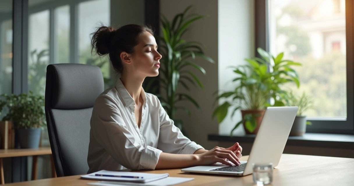 Pessoa fazendo pausa consciente na mesa de trabalho 