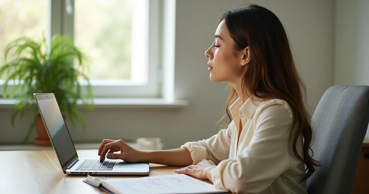 Persona en pausa consciente frente a un escritorio ordenado