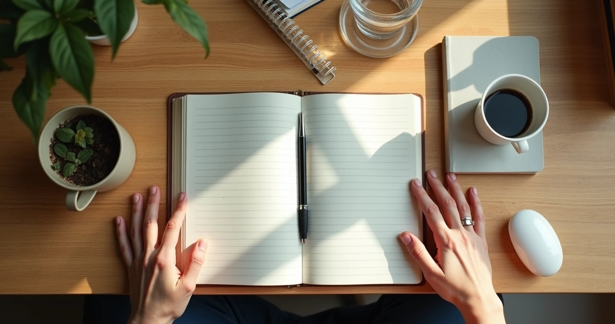 Escritorio de estudio con pausa consciente y cuaderno abierto