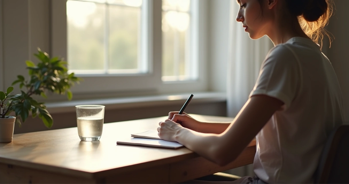 Persona escribiendo en un cuaderno durante una pausa consciente