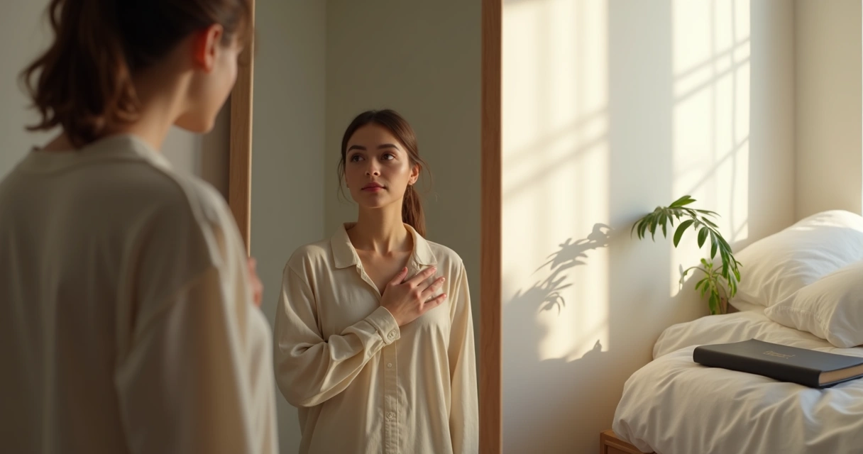 Pessoa observando o próprio reflexo em pausa silenciosa 