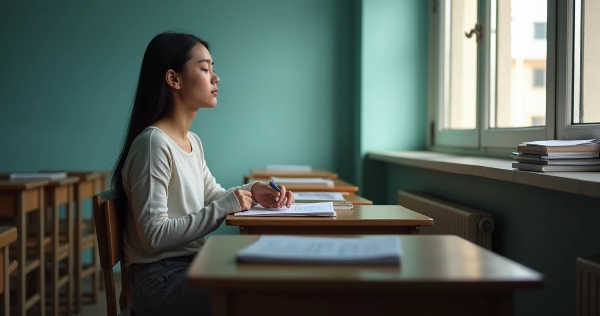 Pessoa sentada em pausa consciente ao lado de livros e janela 