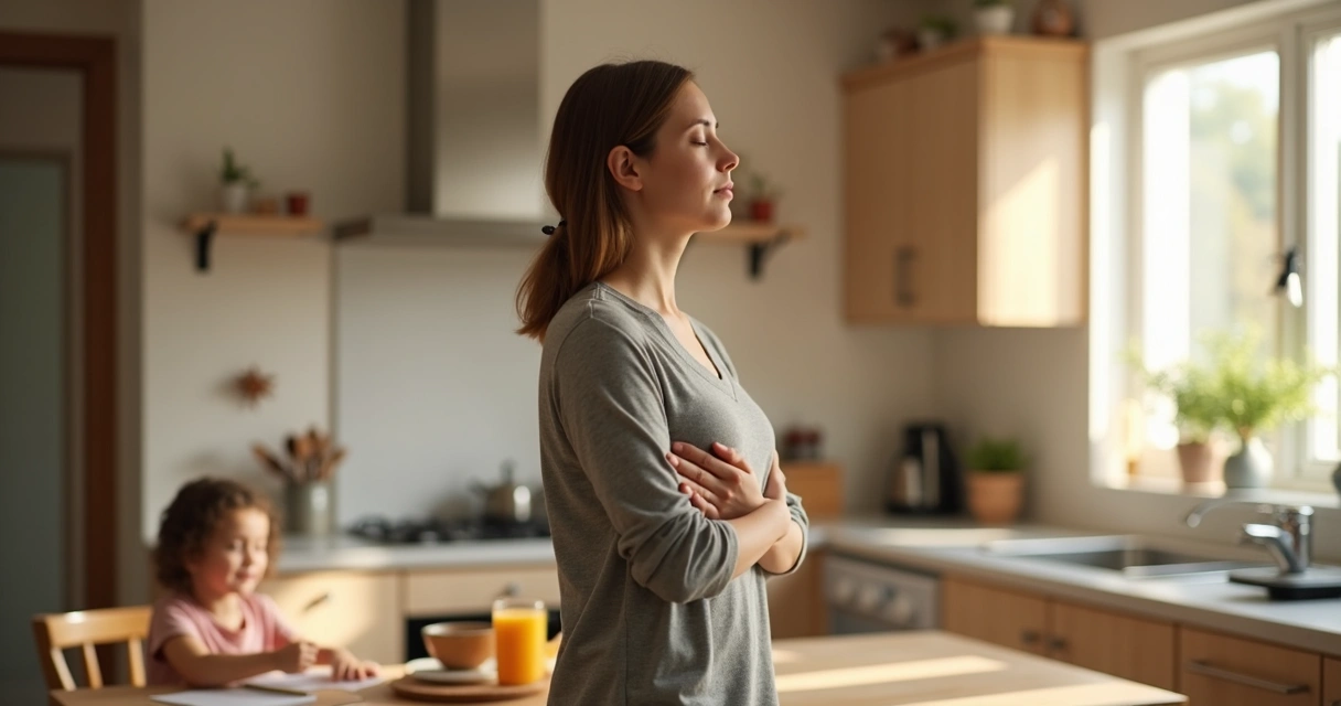 Adulto respirando com calma na cozinha enquanto a rotina da casa segue ao fundo 