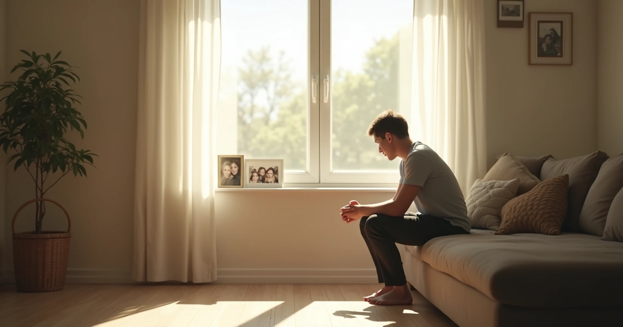 Pessoa sentada em silêncio próximo a uma janela, com luz natural, refletindo em um ambiente caseiro. 