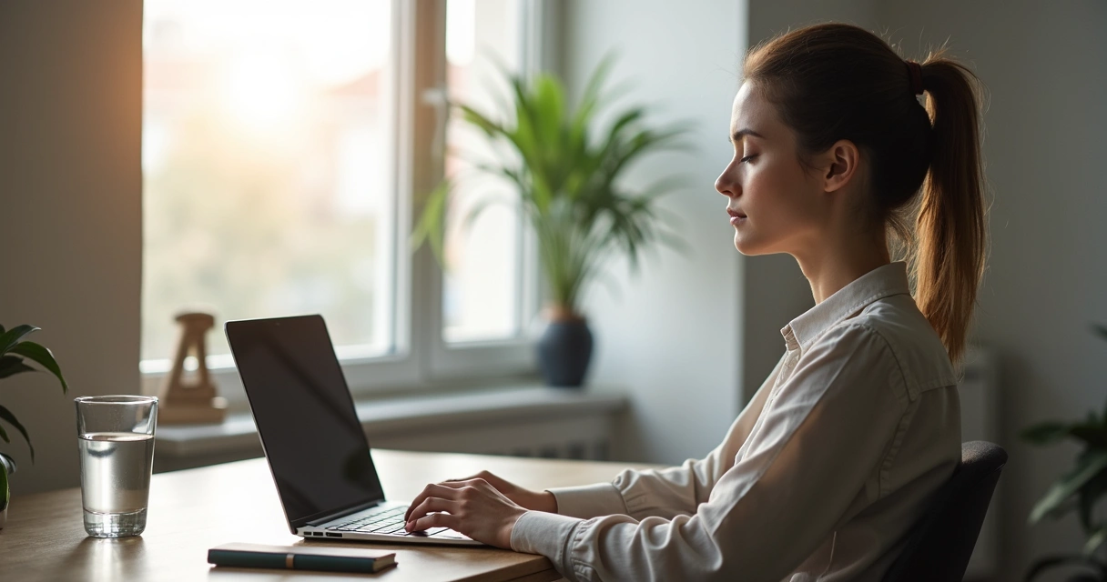Profissional em home office fazendo pausa consciente na mesa 