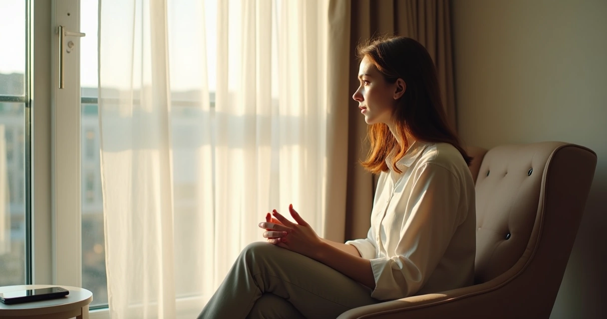 Pessoa em pausa silenciosa perto da janela com luz natural suave