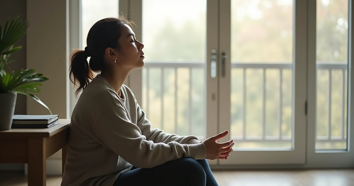 Pessoa em pausa consciente perto da janela com luz natural