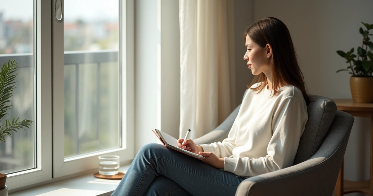 Pessoa sentada perto da janela fazendo pausa consciente com caderno no colo 