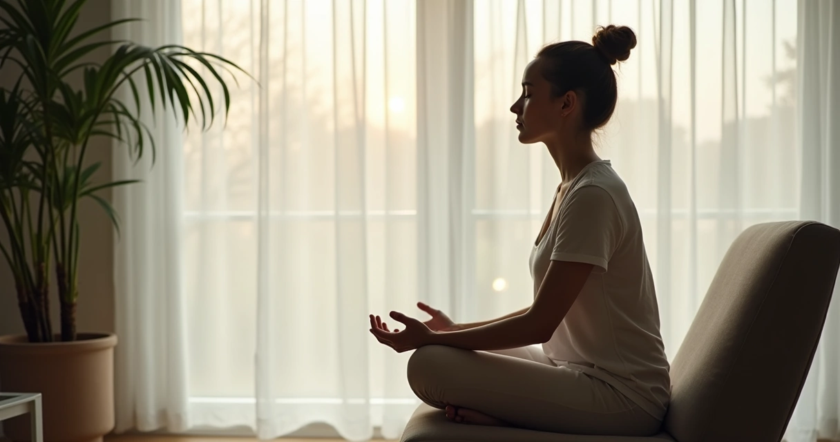 Pessoa sentada perto da janela em momento de pausa consciente 