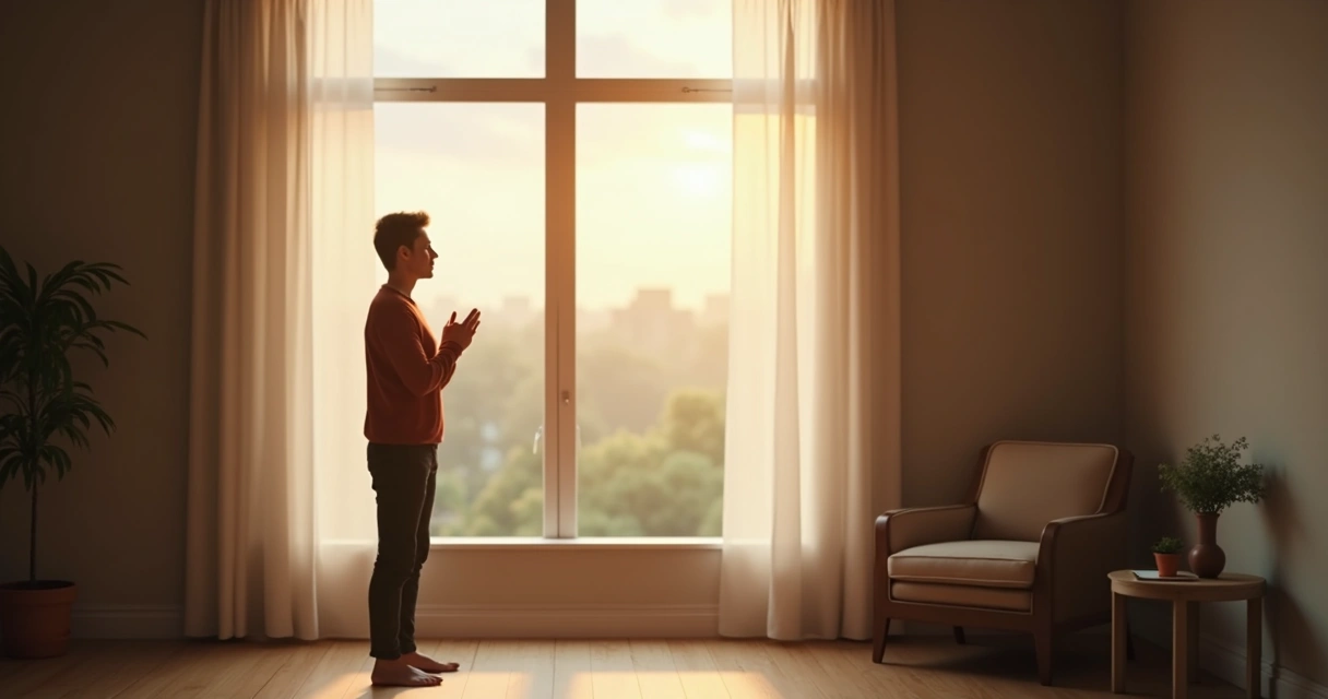 Pessoa em pausa consciente perto da janela 