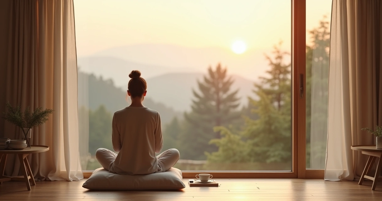 Persona sentada en silencio mirando un paisaje natural desde una ventana amplia 