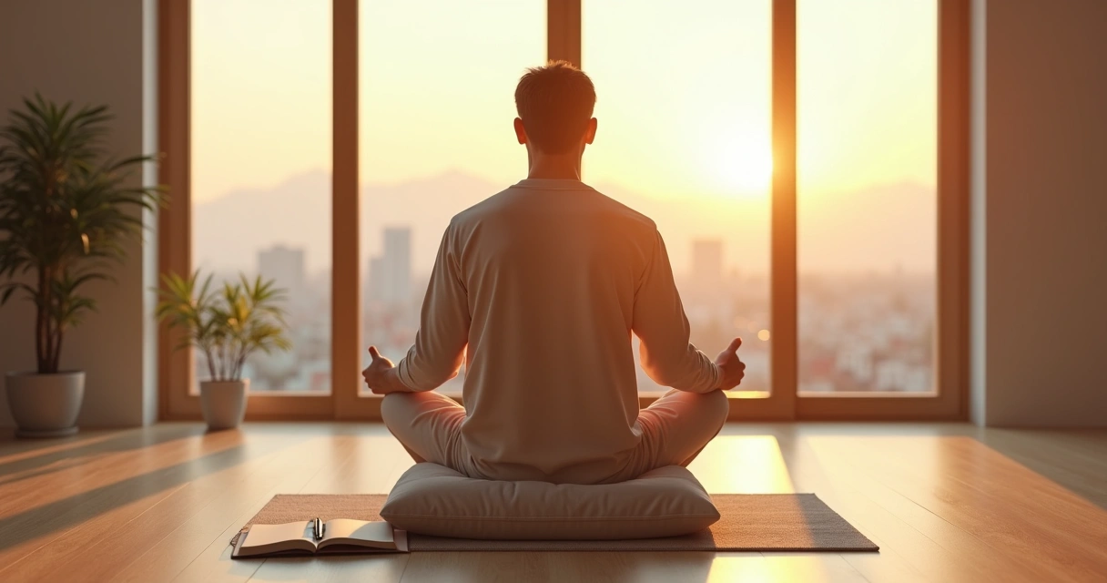 Persona sentada en silencio frente a una ventana grande practicando una pausa consciente 