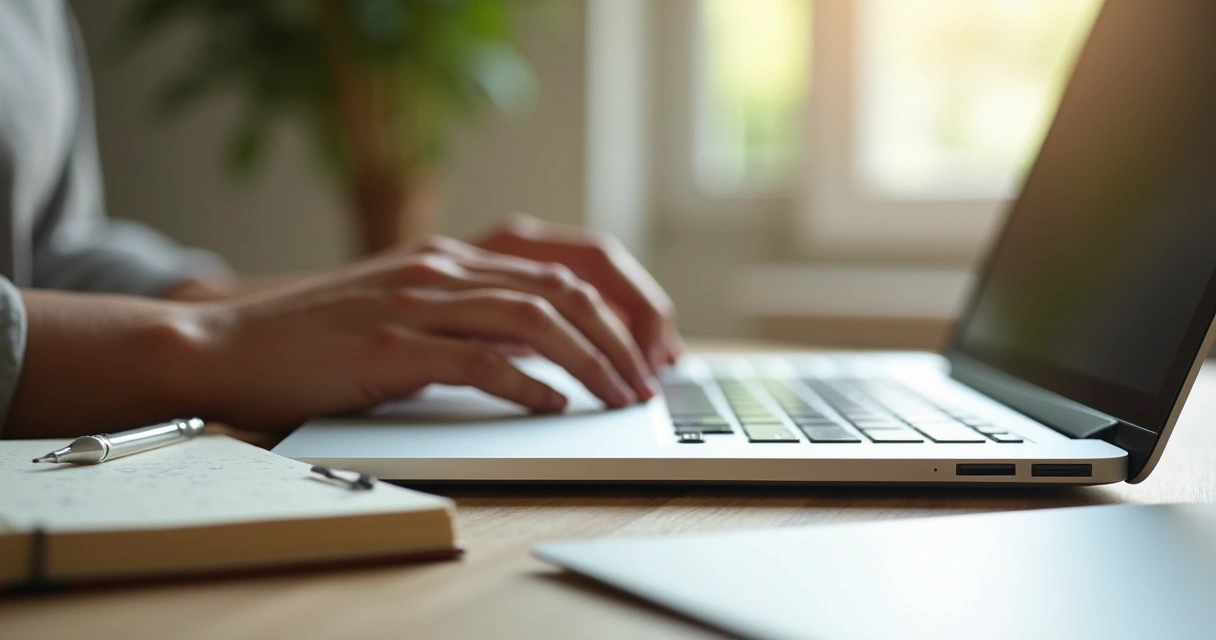 Mãos sobre teclado em pausa consciente com luz suave 