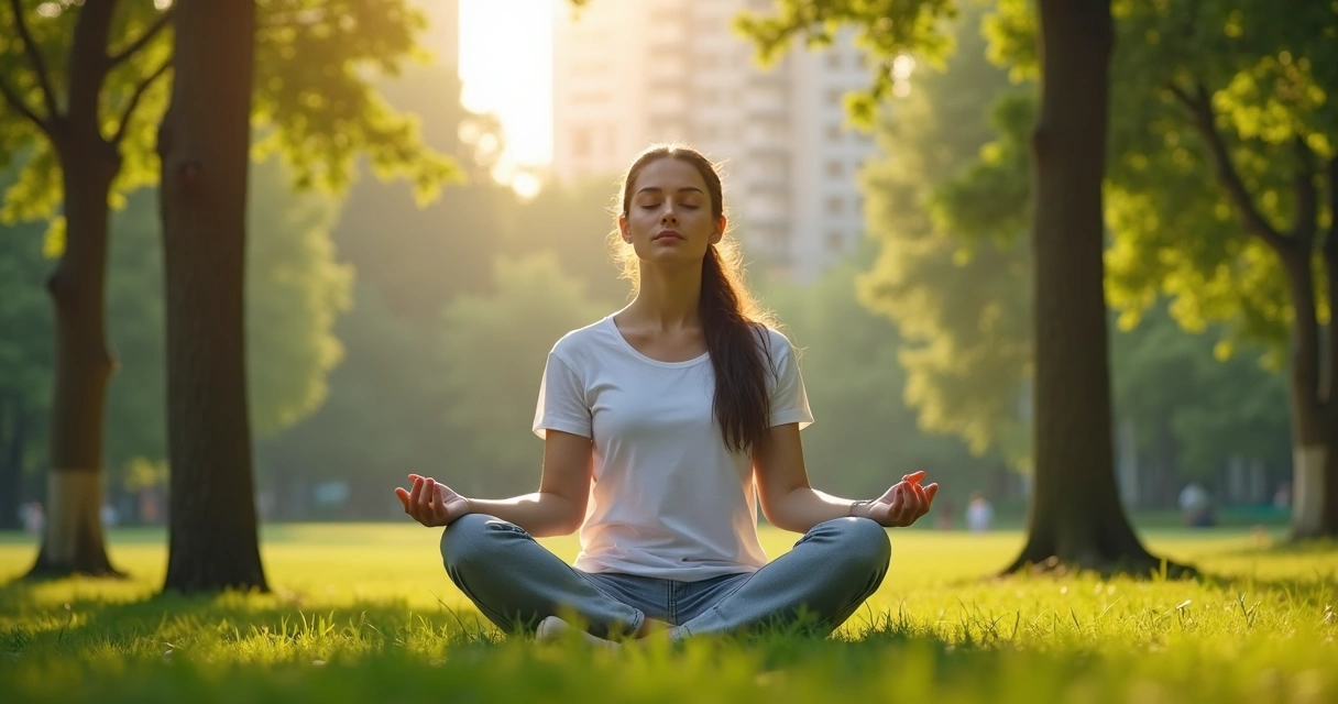 Pessoa sentada de olhos fechados em um parque, cercada por árvores, em postura tranquila de meditação.