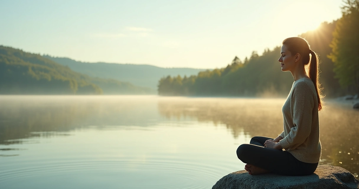 Mulher sentada em pedra perto de lago respirando fundo em pausa consciente 