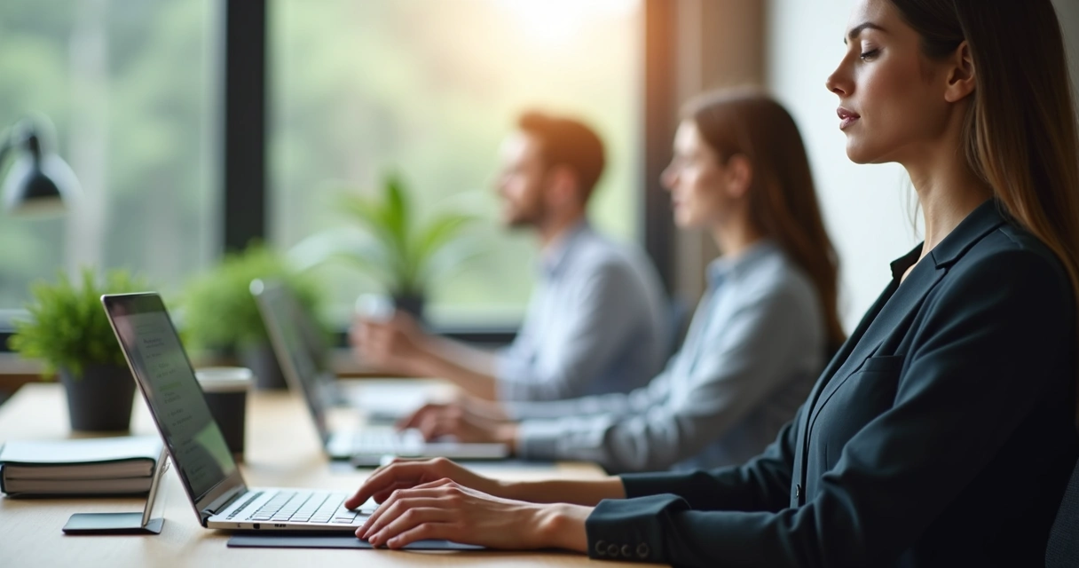 Profissional fazendo pausa consciente no escritório 