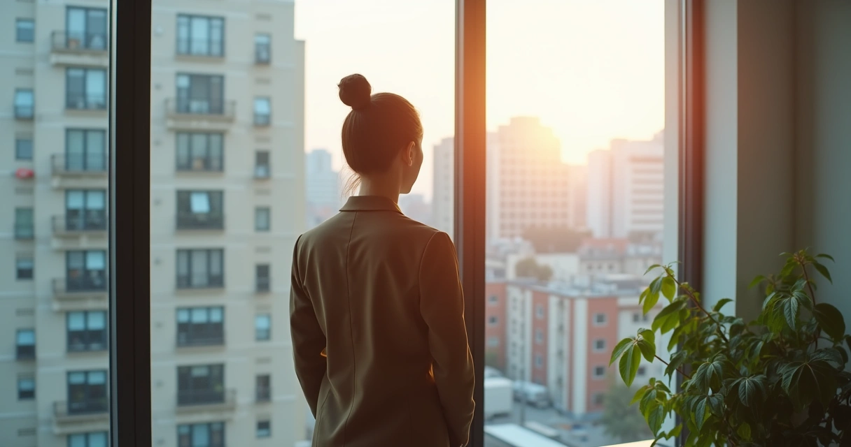 Pessoa fazendo pausa consciente junto à janela de escritório, olhando para fora com serenidade 